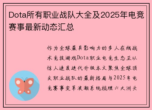 Dota所有职业战队大全及2025年电竞赛事最新动态汇总