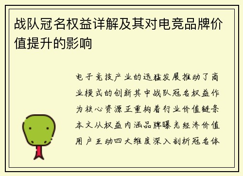 战队冠名权益详解及其对电竞品牌价值提升的影响